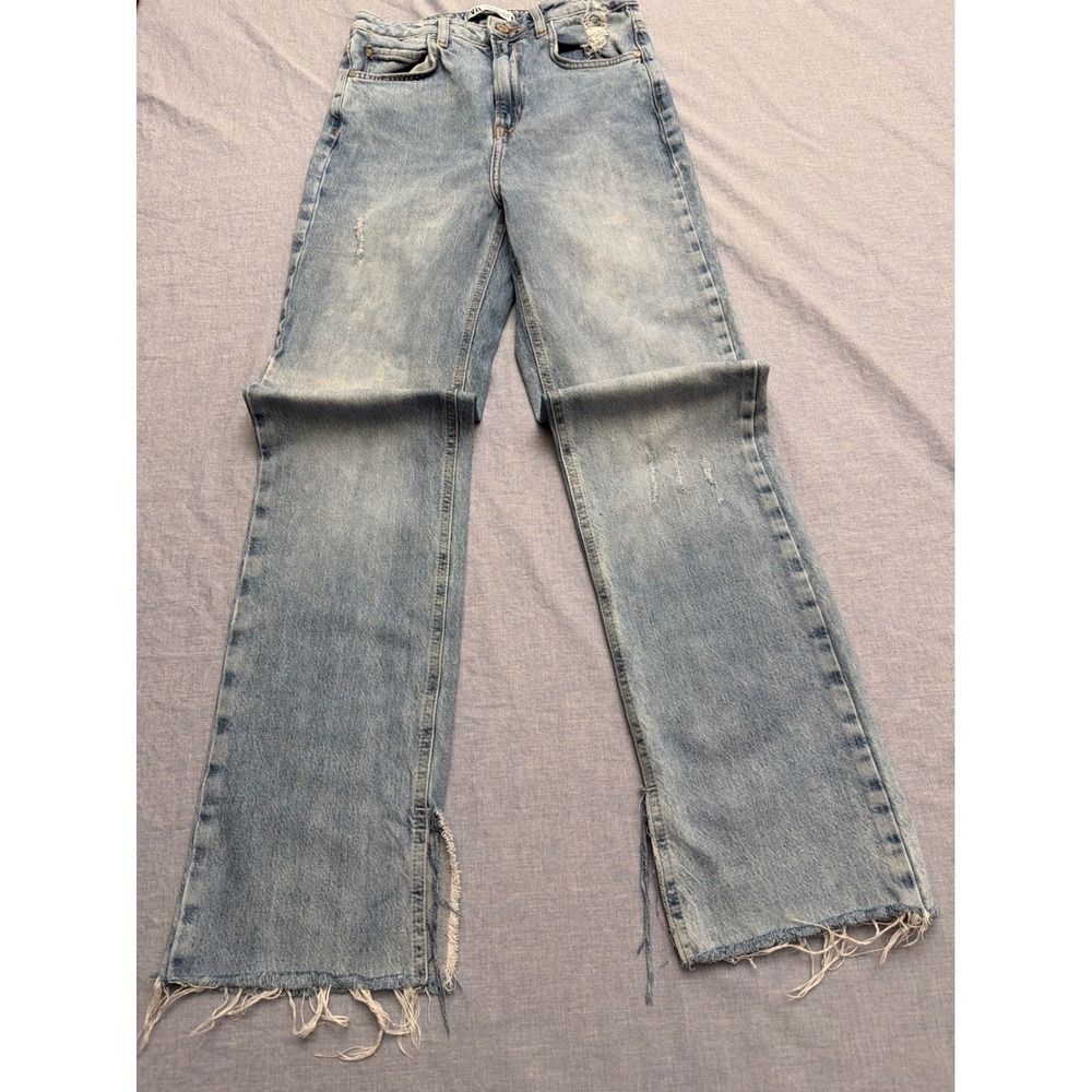 Zara Womens High Waisted Straight Leg Distressed Jeans Light Wash Blue Size 4